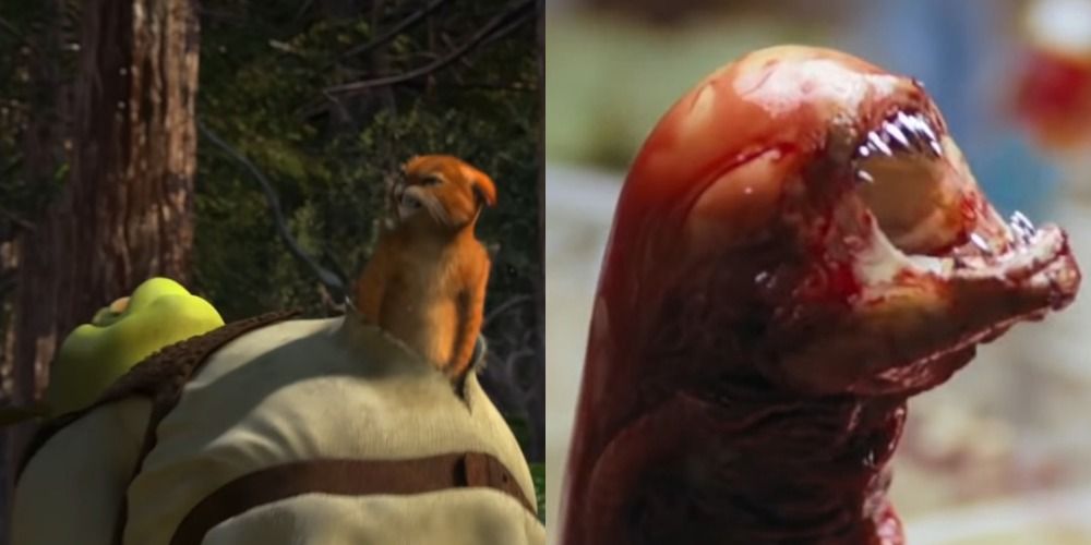 Split image of Puss from Shrek reenacting the chestburster scene from Alien next to the xenomorph baby