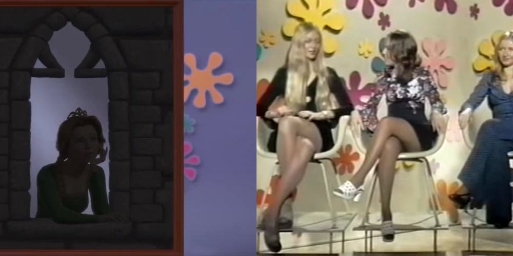 Split image of Shrek imitating The Dating Game next to female contestants on the show