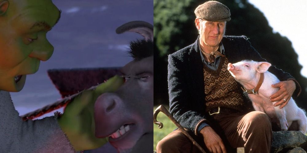 Split image of Shrek patting Donkey and referencing Babe next to Babe and Arthur Hoggett