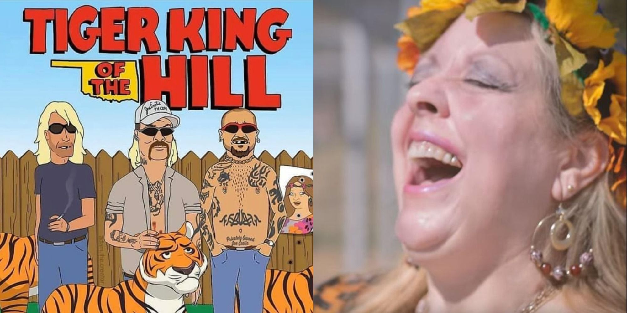Split image of a Tiger King meme and Carole Baskin laughing
