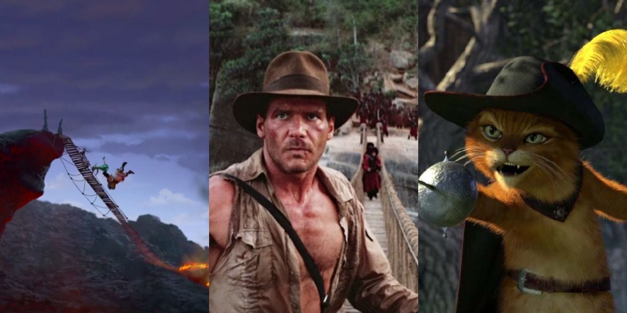 Split image of the bridge breaking in Shrek, Indiana Jones on the bridge in Temple of Doom and Puss in Shrek 2