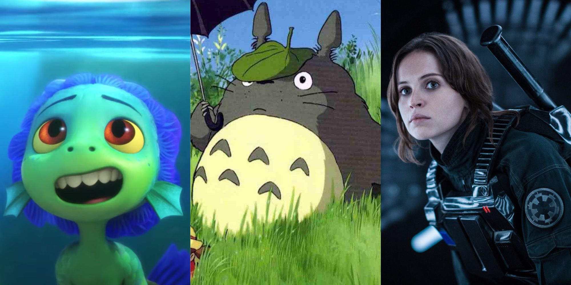 Split image showing Pixar's Luca, Totoro from Studio Ghibli, and Jyn in Rogue One