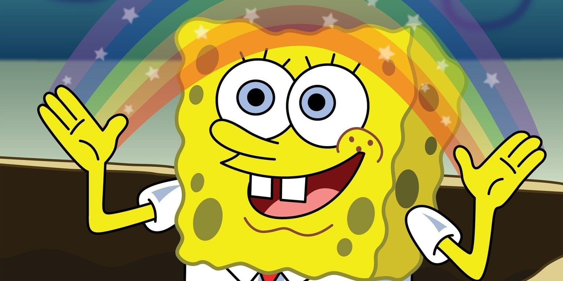 Spongebob Squarepants with a rainbow between his hands