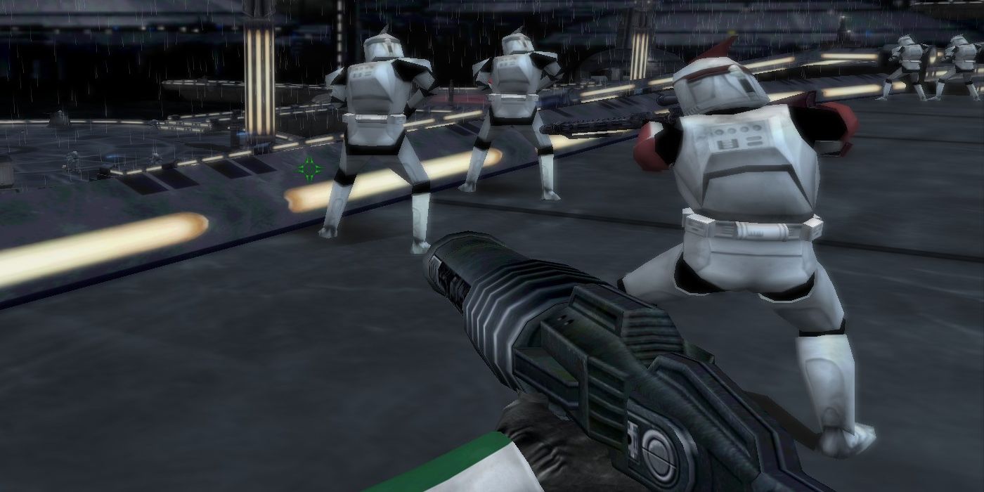 A first-person view of clonetroopers marching in Star Wars: Battlefront