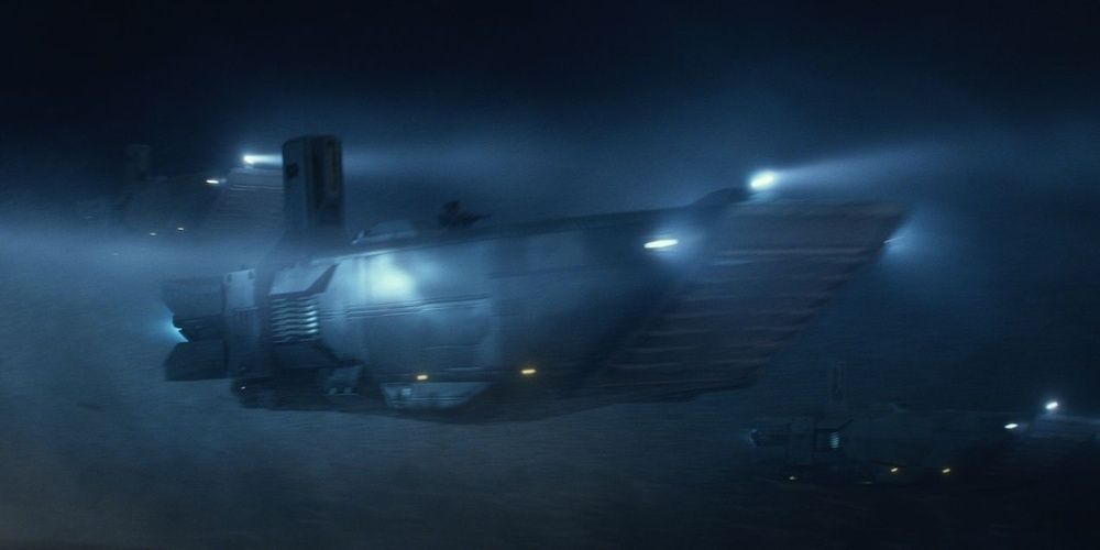 A First Order troop transport delivers stormtroopers to Jakku in The Force Awakens