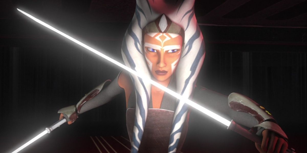 Ahsoka Tano wielding her white lightsabers in Star Wars Rebels