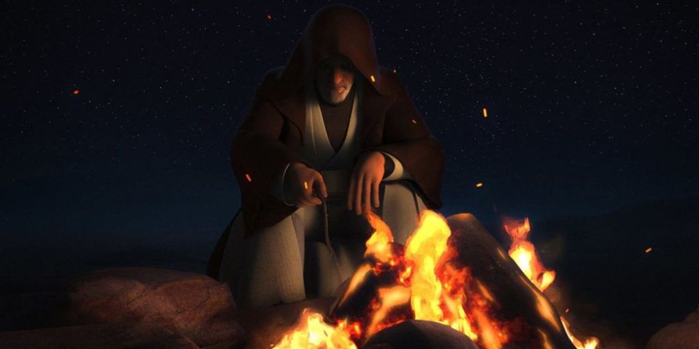 Obi-Wan burns a fire and speaks with Ezra as he awaits Maul in Star Wars Rebels