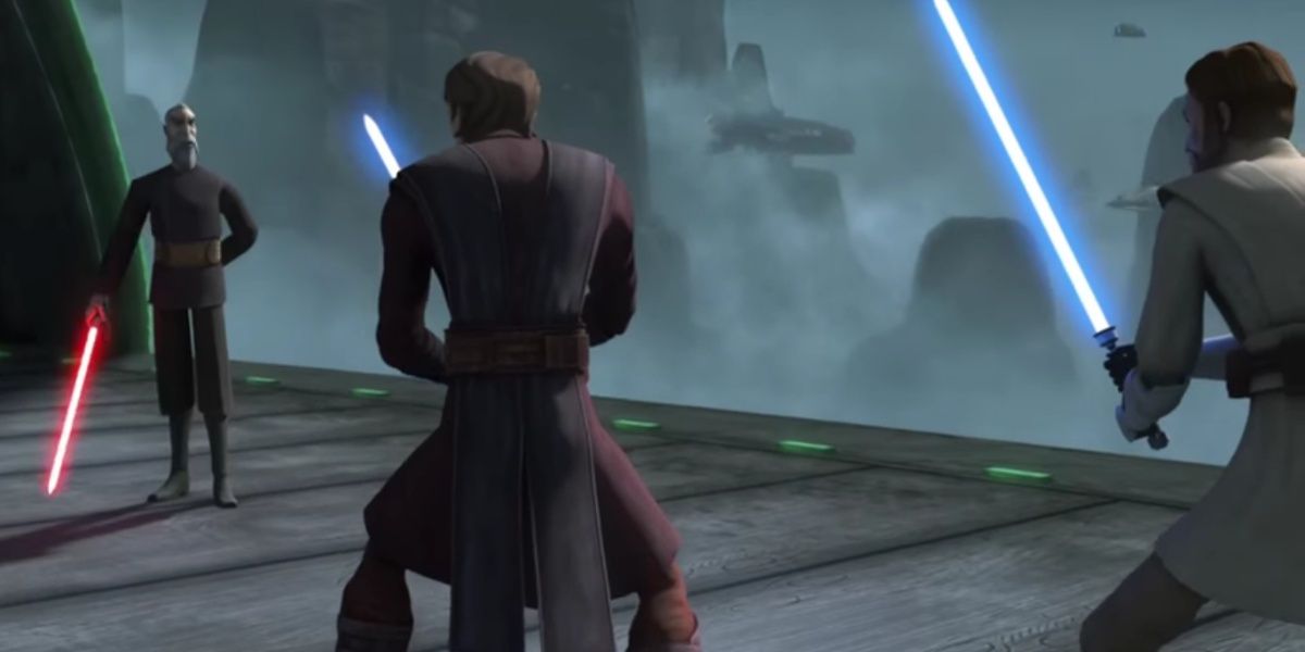 Count Dooku lightsaber duel with Anakin Skywalker and Obi-Wan Kenobi in Star Wars The Clone Wars