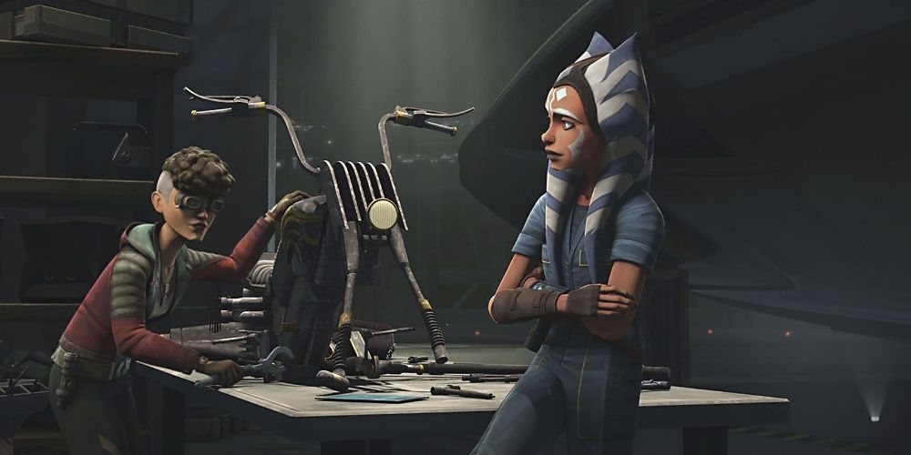 Ahsoka sits with Trace as she works on a speeder in Clone Wars