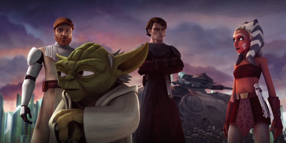 Obi-Wan, Anakain and Ahsoka talk to Yoda