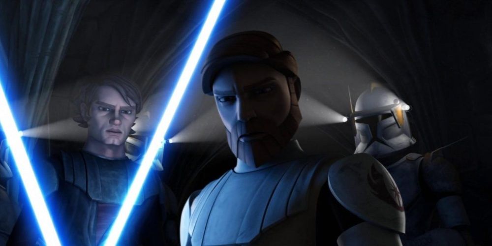 Obi-Wan, Anakin, and Cody investigate caves during Second Battle Of Geonosis in Star Wars The Clone Wars 