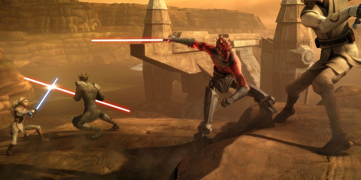 Maul and Savage Opress duel with Obi-Wan Kenobi and Adi Galia in Star Wars The Clone Wars