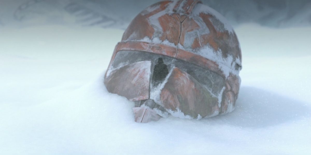 The final shot of The Clone Wars, Vader in the reflection of a fallen clone troopers helmet