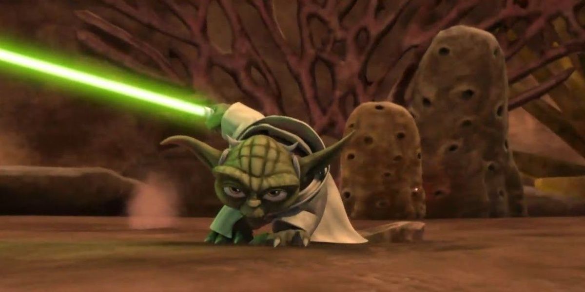 Yoda does battle with battle droids which Asajj Ventress has sent to kill him in The Clone Wars premiere