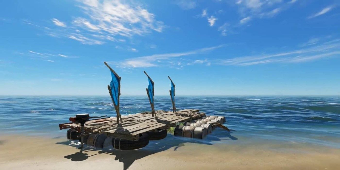 A Barrel and Tire Raft on the beach in Stranded Deep 