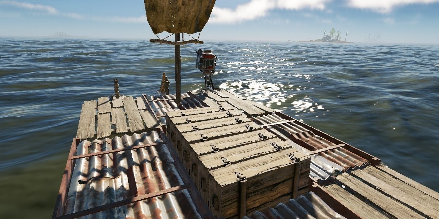 A completed raft in Stranded Deep loaded up with crates