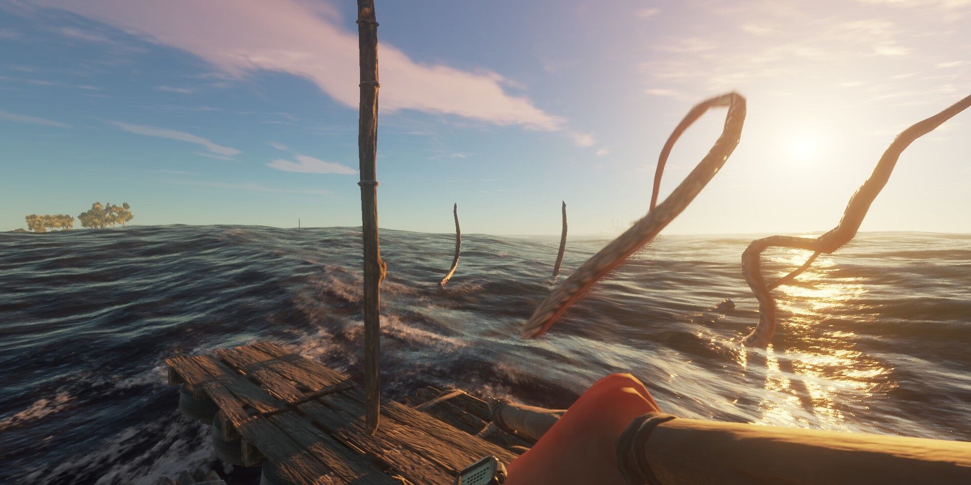 A giant squid attacks a player's raft in Stranded Deep