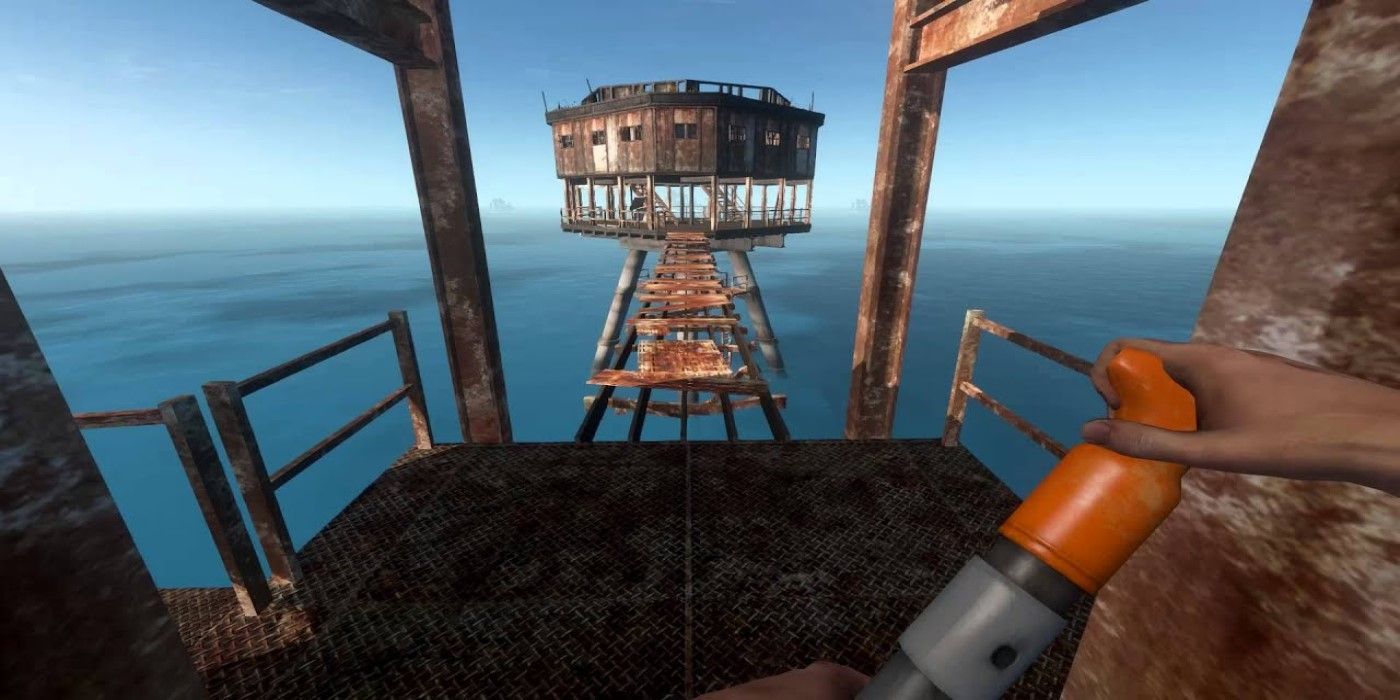 A player in Stranded Deep standing on top of a wooden fort built out over the ocean.