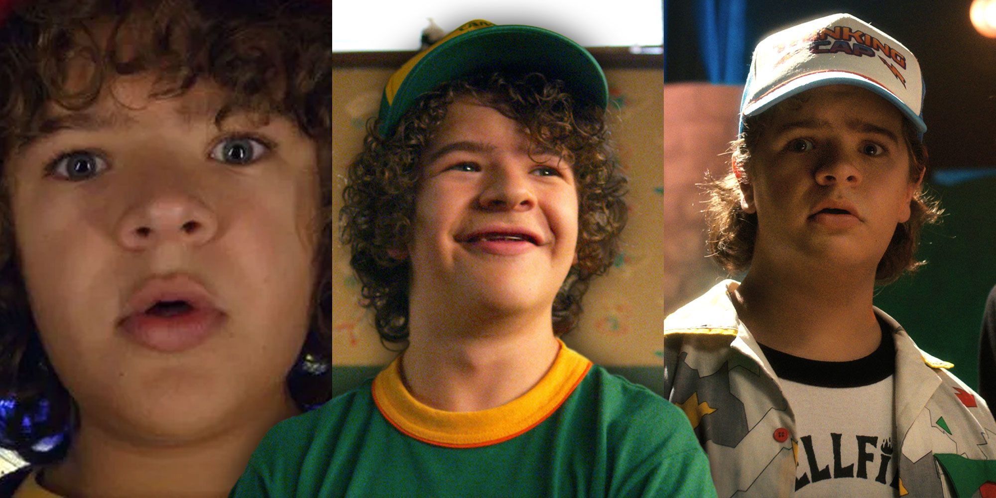 A blended image features Justin in Seasons 2, 3, and 4 of Stranger Things