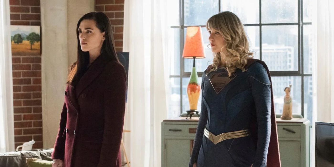 Lena Luthor and Kara in her Supergirl Costume standing side by side in Supergirl