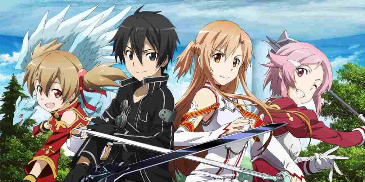Characters from the anime Sword Art Online standing together.