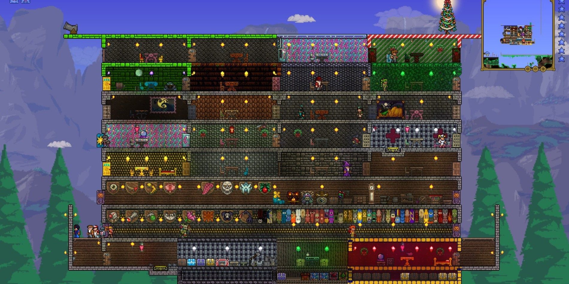 A screenshot of a floating house in Terraria.