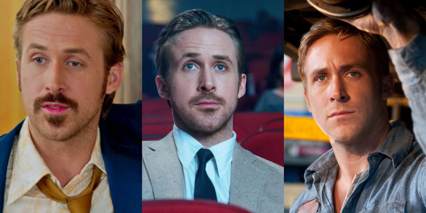 Split image of Ryan Gosling in The Nice Guys, La La Land and Drive
