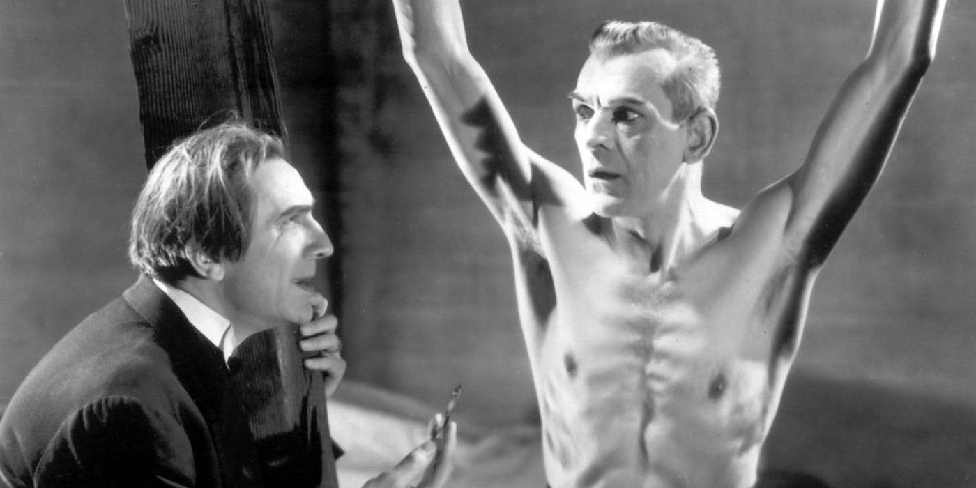 Lugosi looking at Karloff strung up in The Black Cat