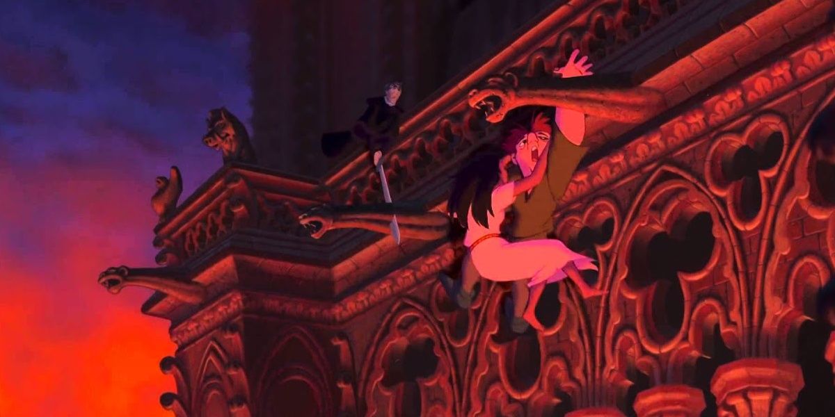 Quasimodo climbing Notre Dame with Esmerelda in The Hunchback of Notre Dame
