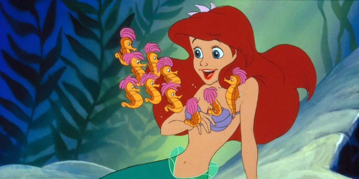 Ariel playing with a group of seahorses in The Little Mermaid 