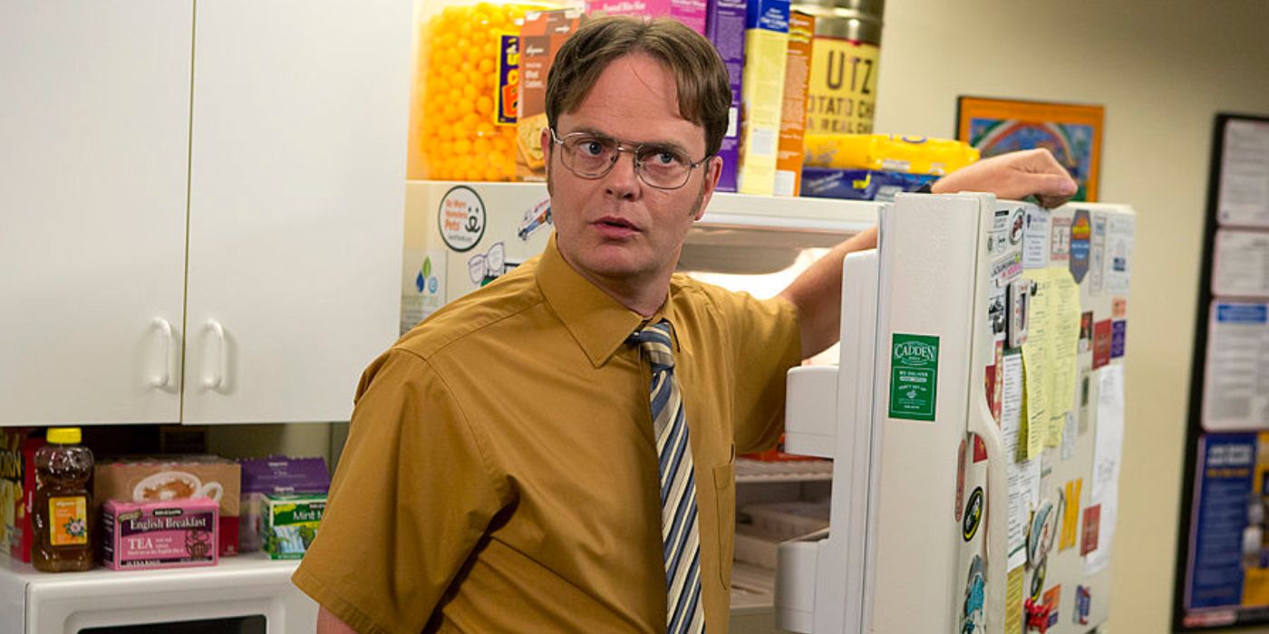 Dwight besides the fridge in The Office.