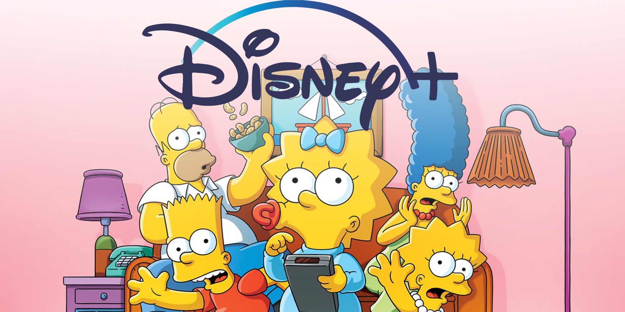 The Simpsons family gather on their couch below the Disney+ Logo