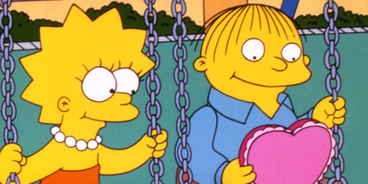 Lisa and Ralph on a swing set; Ralph looks at his Valentine's gift