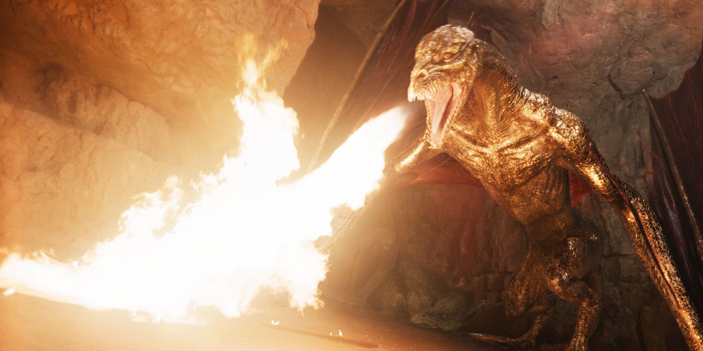 The Witcher's Golden Dragon using its fire breath