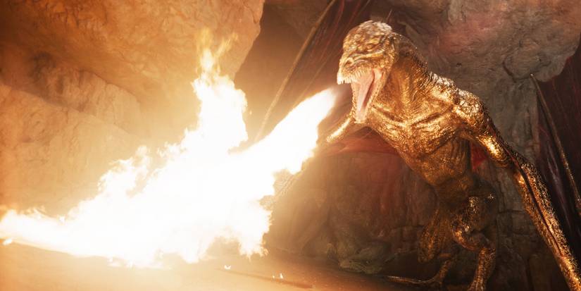 The Witcher's Golden Dragon using its fire breath