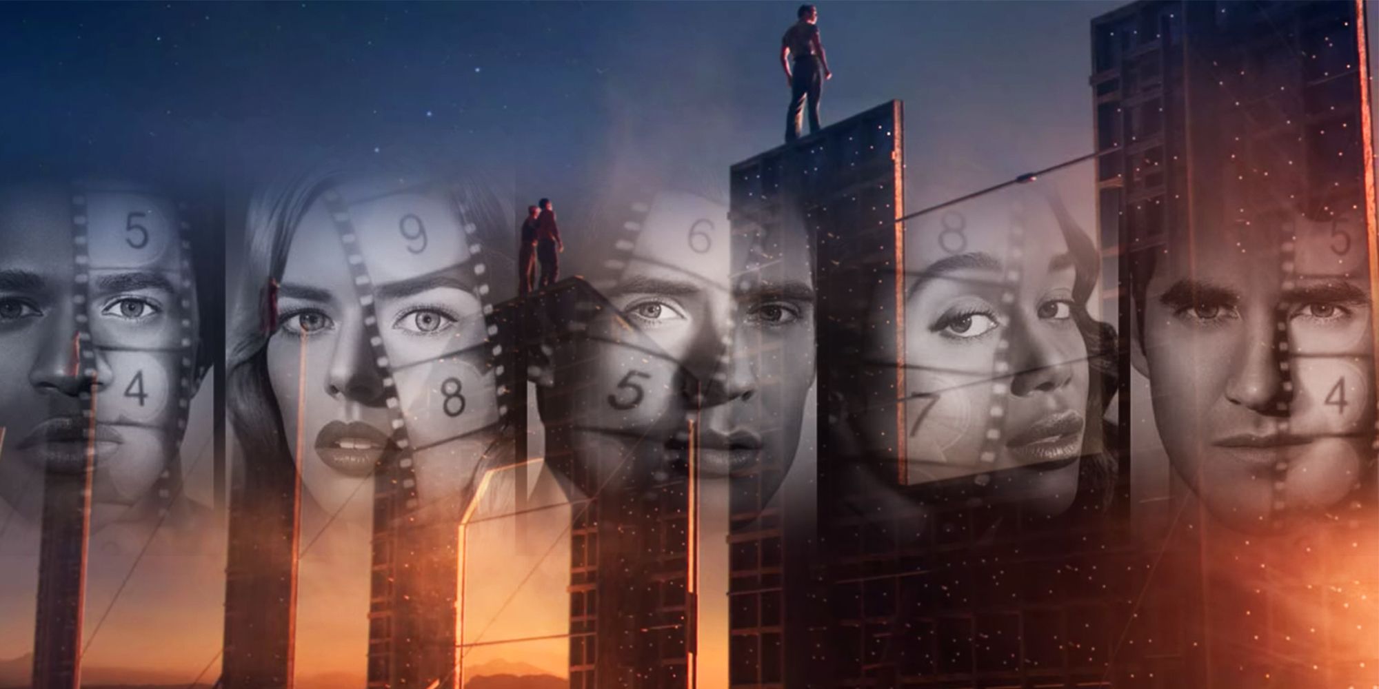 The cast of Netflix's Hollywood superimposed against a shot from the opening credits