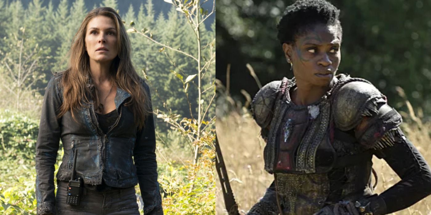 A split image depicts Abby and Indra on Earth in The 100