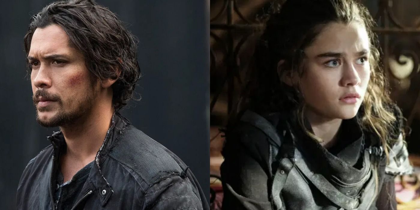 A split image depicts Bellamy and Madi in The 100