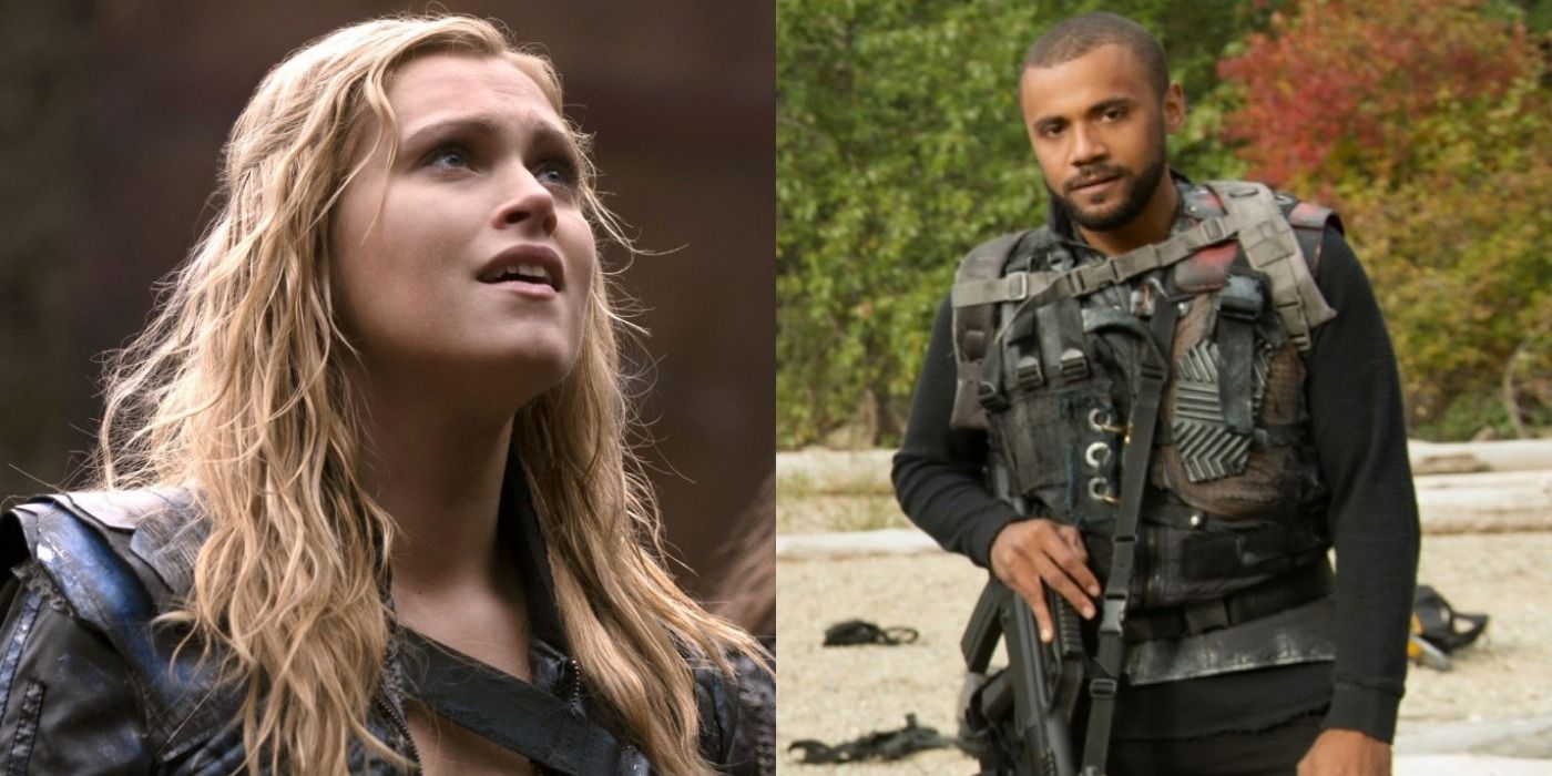 A split image depicts Clarke and Miller on The 100