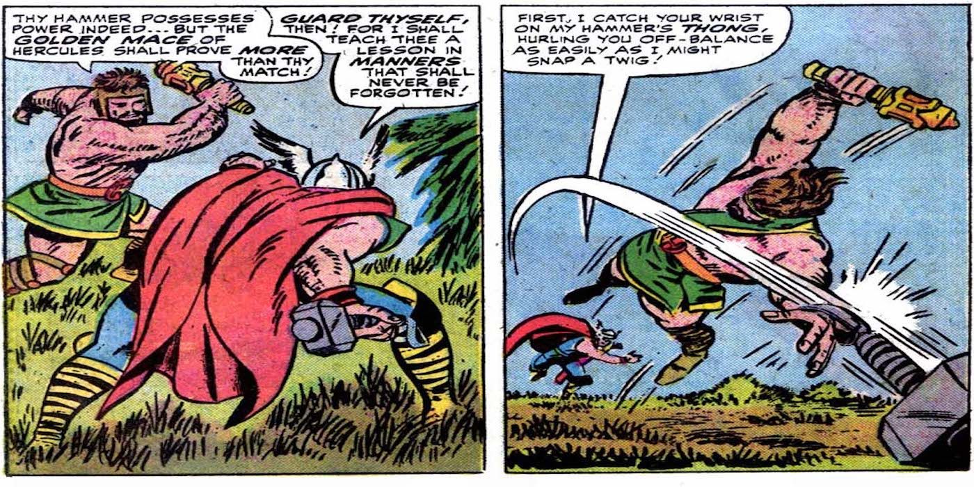 Thor uses his Hammer to creatively knock Hercules off-balance in Marvel Comics.