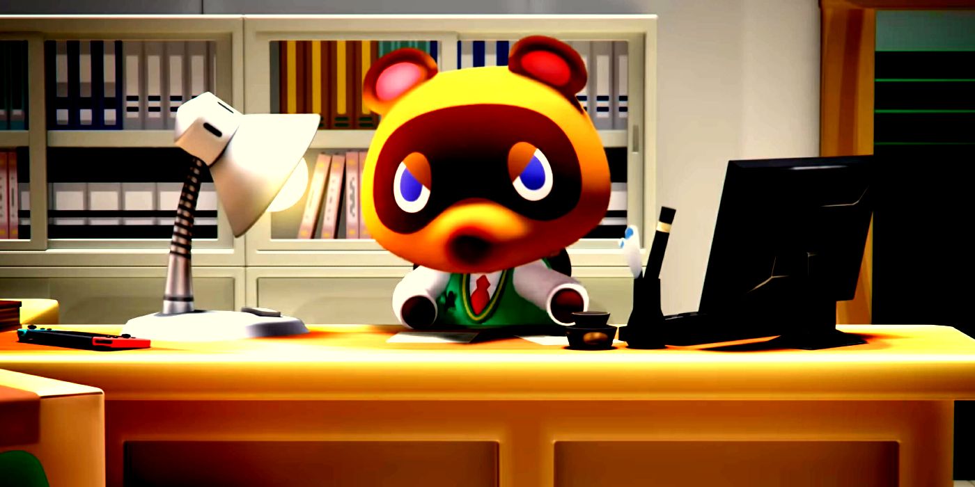 Animal Crossing's Tom Nook sitting behind a desk with an upset expression.