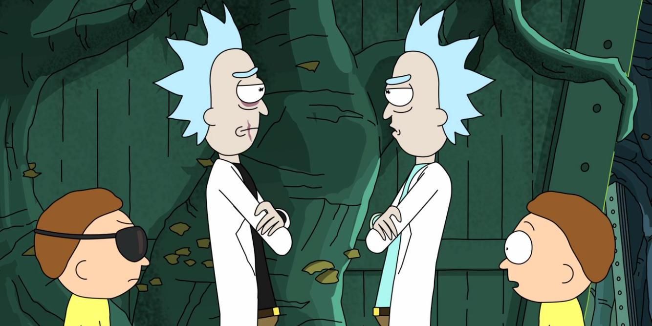 Two Ricks and Mortys facing each other in the Close Rick-counters of the Rick Kind episode