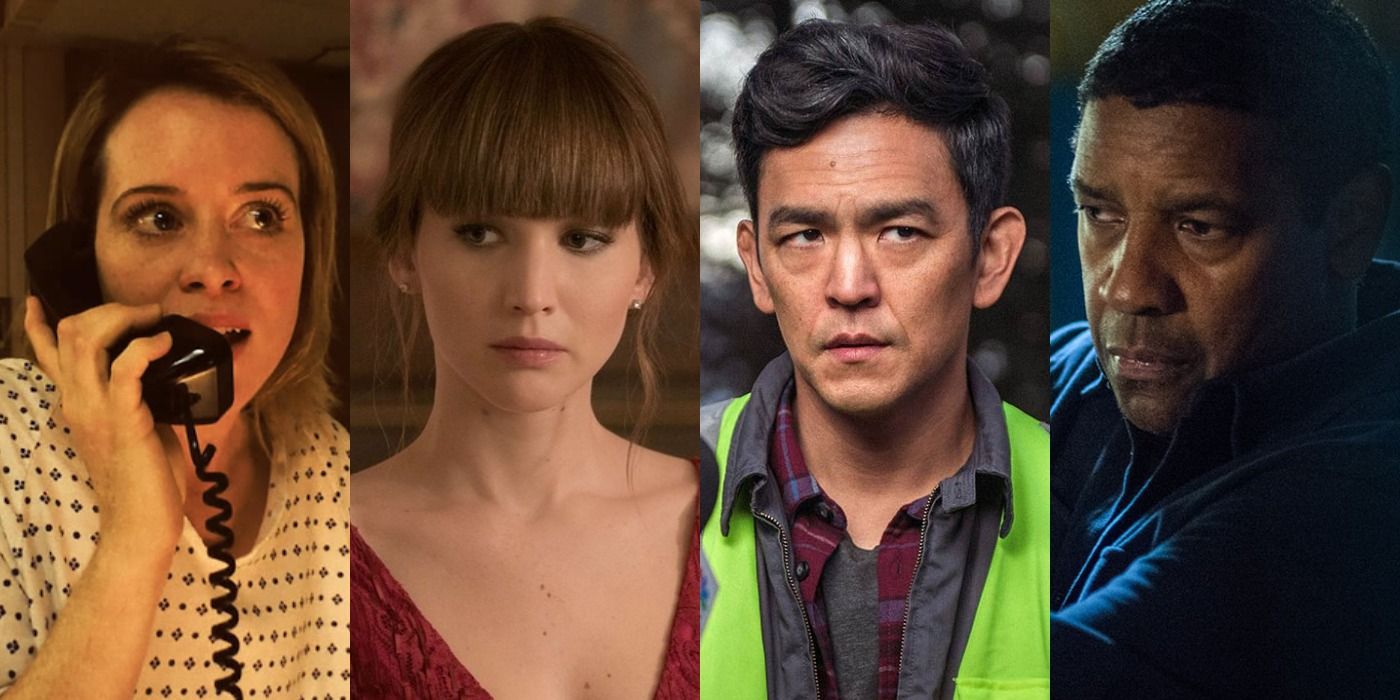 Collage of the faces of Claire Foy in Unsane, Jennifer Lawrence in Red Sparrow, John Cho in Searching and Denzel Washington in The Equalizer 2