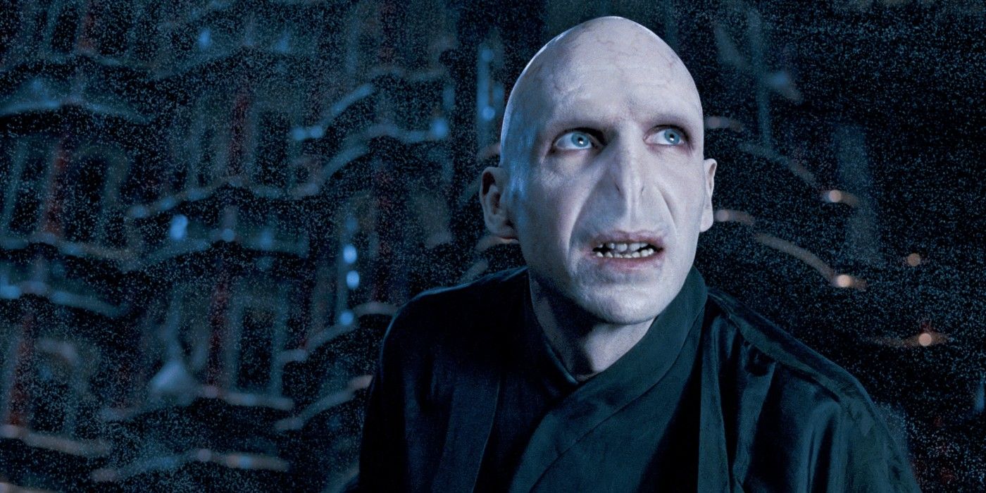 Voldemort looks at Dumbledore before they fight in the Ministry of Magic in Harry Potter and The Order Of The Phoenix