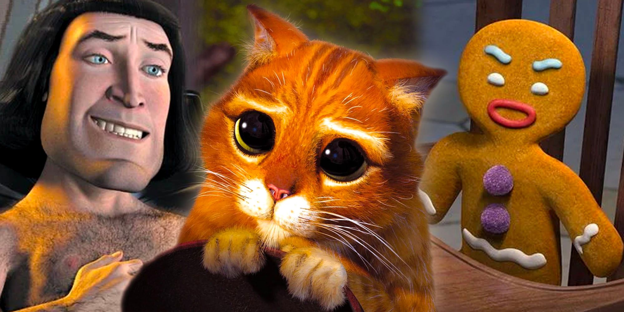 A collage of Lord Farquad in bed, Puss in Boots looking cute and Gingerbread Man looking angry in the Shrek movies