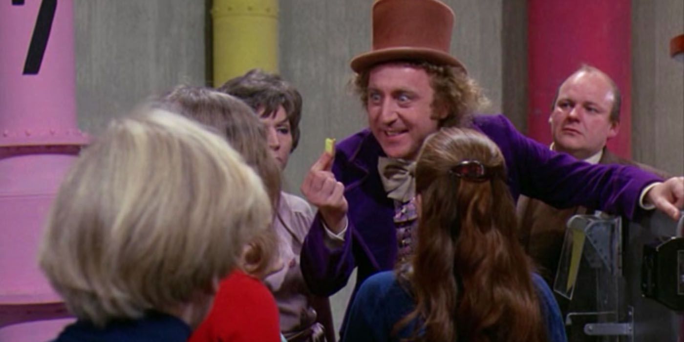 Willy Wonka showing the children a stick of gum in the original Willy Wonka and the Chocolate Factory.