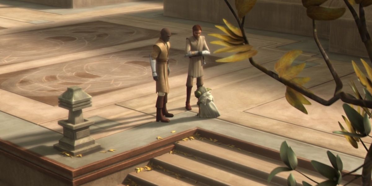 Yoda returns from his mission in the Force and speaks with Obi-Wan and Mace Windu in The Clone Wars