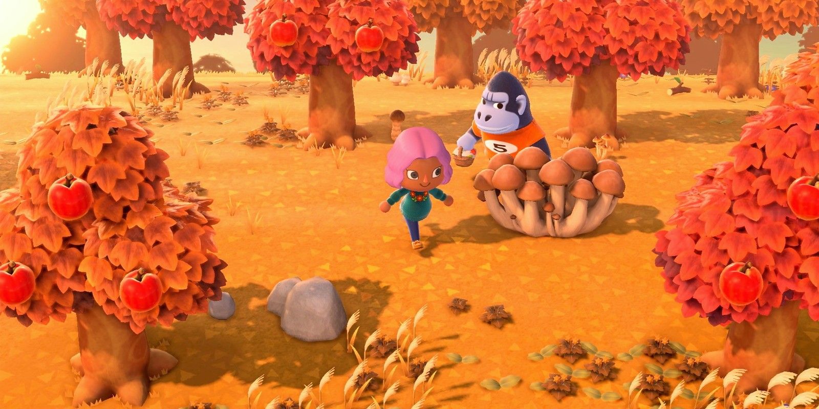 Um jogador e Peewee admiram uma tela de cogumelo no outono em Animal Crossing: New Horizons