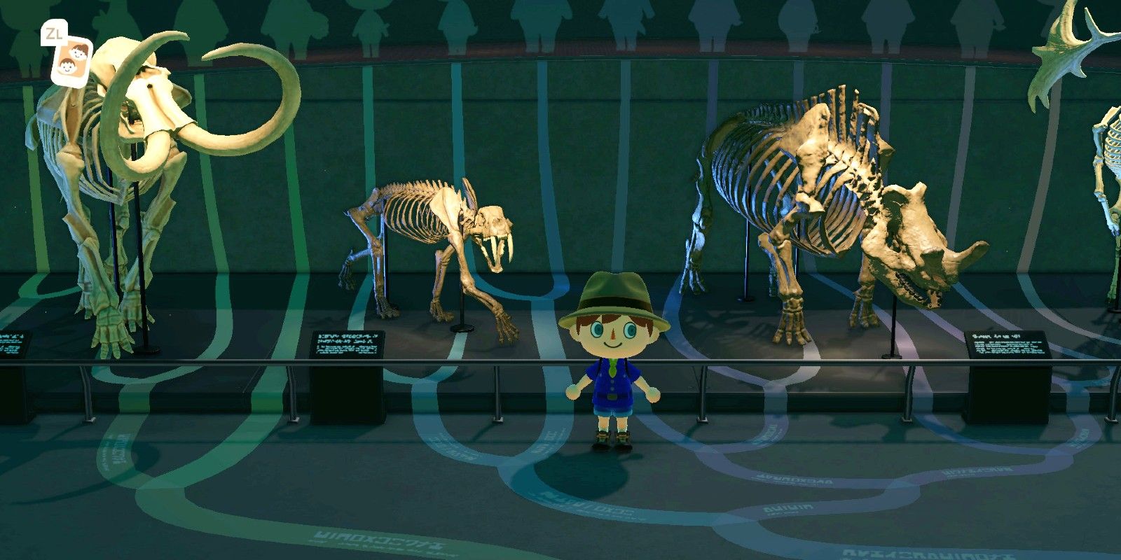 A player stands in front of the fossil displays in the museum in Animal Crossing: New Horizons