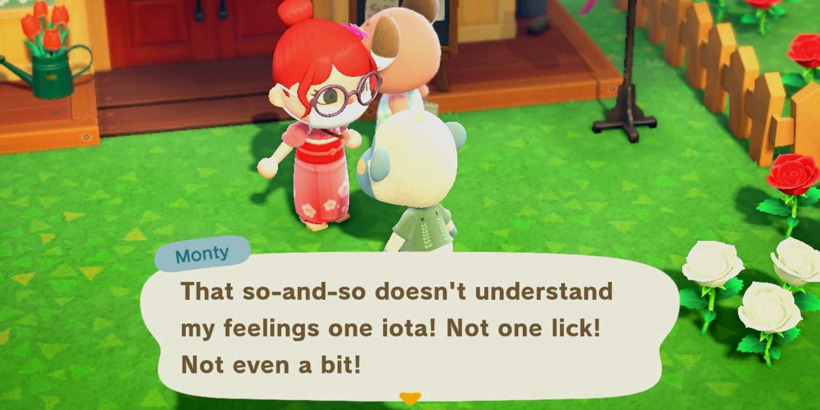 Monty complains about another villager to the player in Animal Crossing: New Horizons